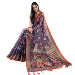 Women's Linen Printed Saree With Unstitched Blouse 5.5Mtr (Blue)