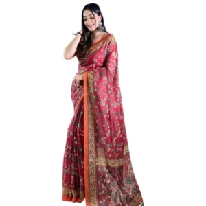 Women's Linen Printed Saree With Unstitched Blouse 5.5Mtr (Red)