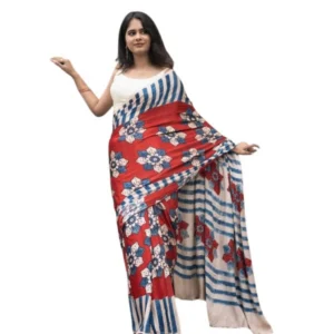 Women's Linen Printed Saree With Unstitched Blouse 5.5Mtr (Red)