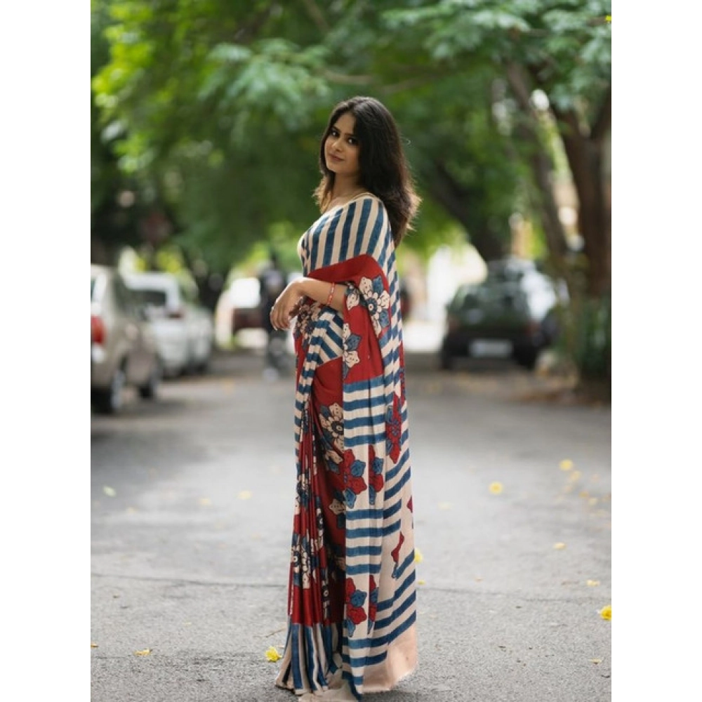 Women's Linen Printed Saree With Unstitched Blouse 5.5Mtr (Red) - Image 3