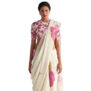 Women's Linen Printed Saree With Unstitched Blouse 5.5Mtr (White)