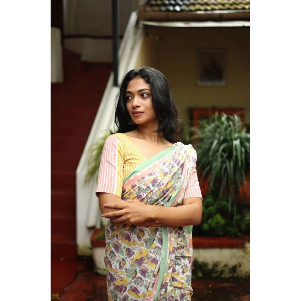 Women's Linen Printed Saree With Unstitched Blouse 5.5Mtr (Multicolor) - Image 4