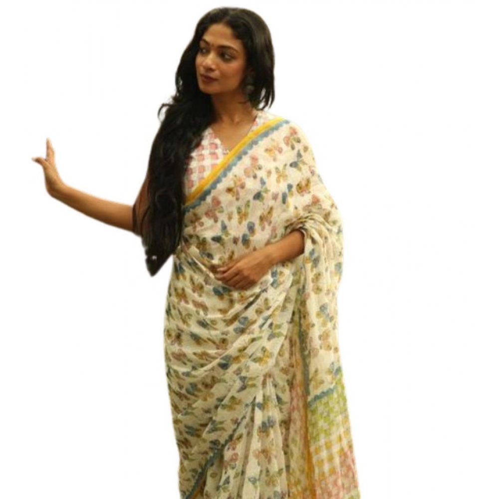 Women's Linen Printed Saree With Unstitched Blouse 5.5Mtr (White)