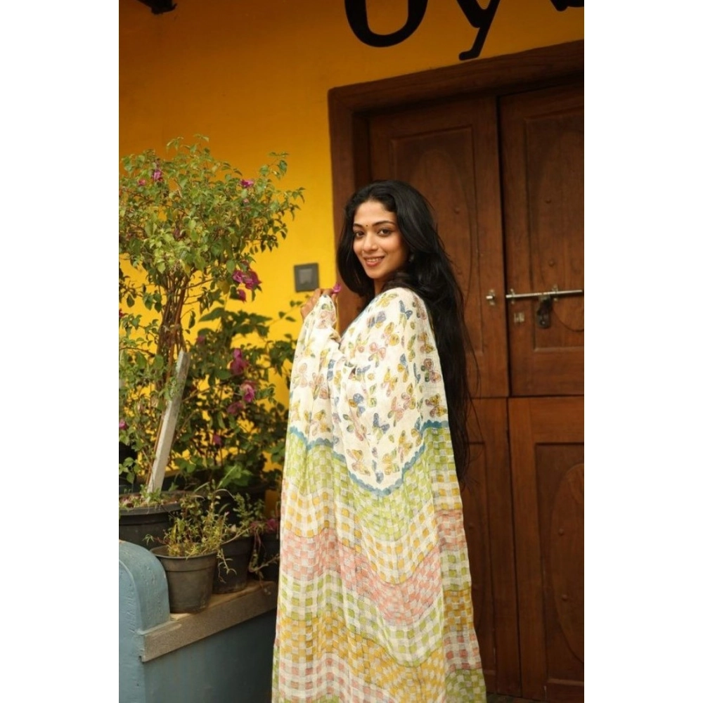 Women's Linen Printed Saree With Unstitched Blouse 5.5Mtr (White) - Image 2