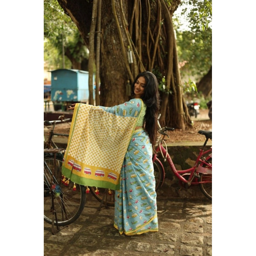 Women's Linen Printed Saree With Unstitched Blouse 5.5Mtr (Blue) - Image 2