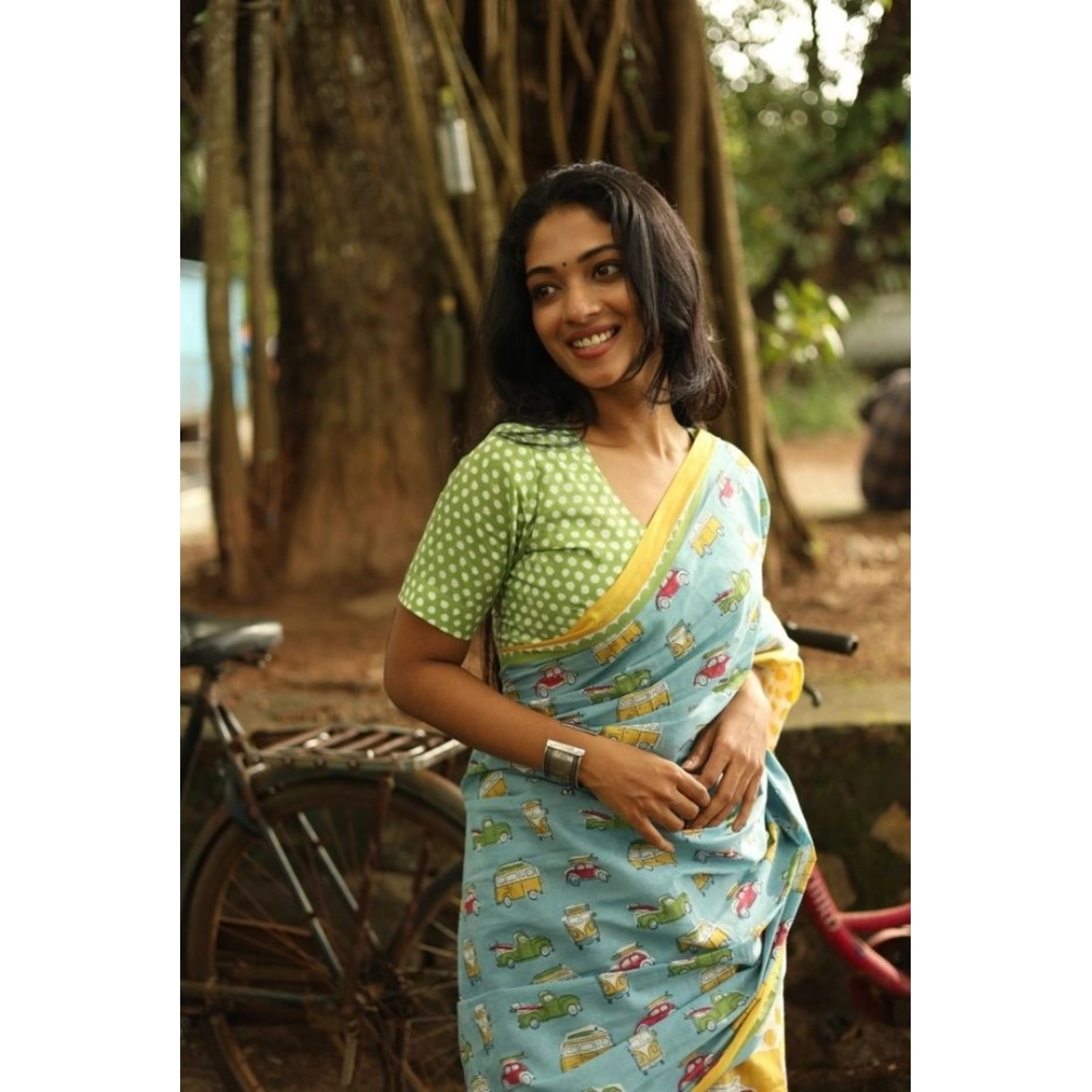 Women's Linen Printed Saree With Unstitched Blouse 5.5Mtr (Blue) - Image 3