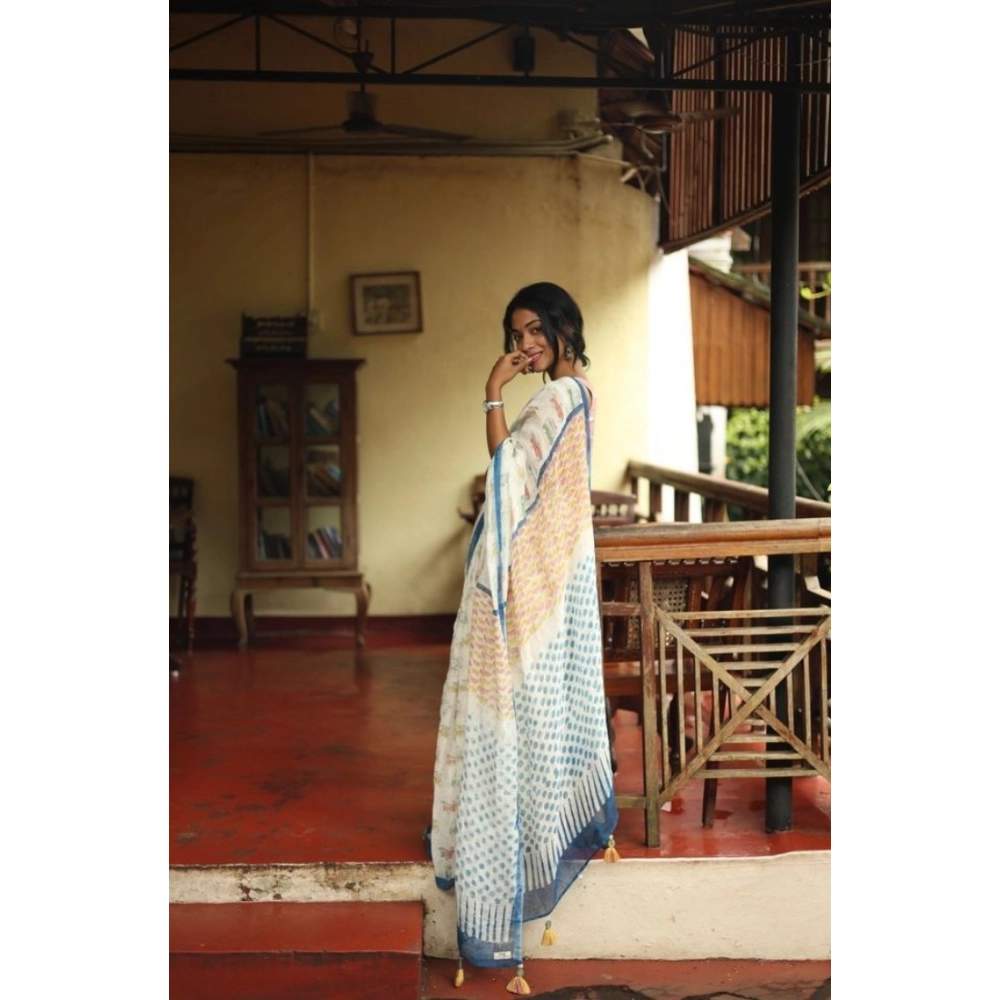 Women's Linen Printed Saree With Unstitched Blouse 5.5Mtr (White) - Image 2
