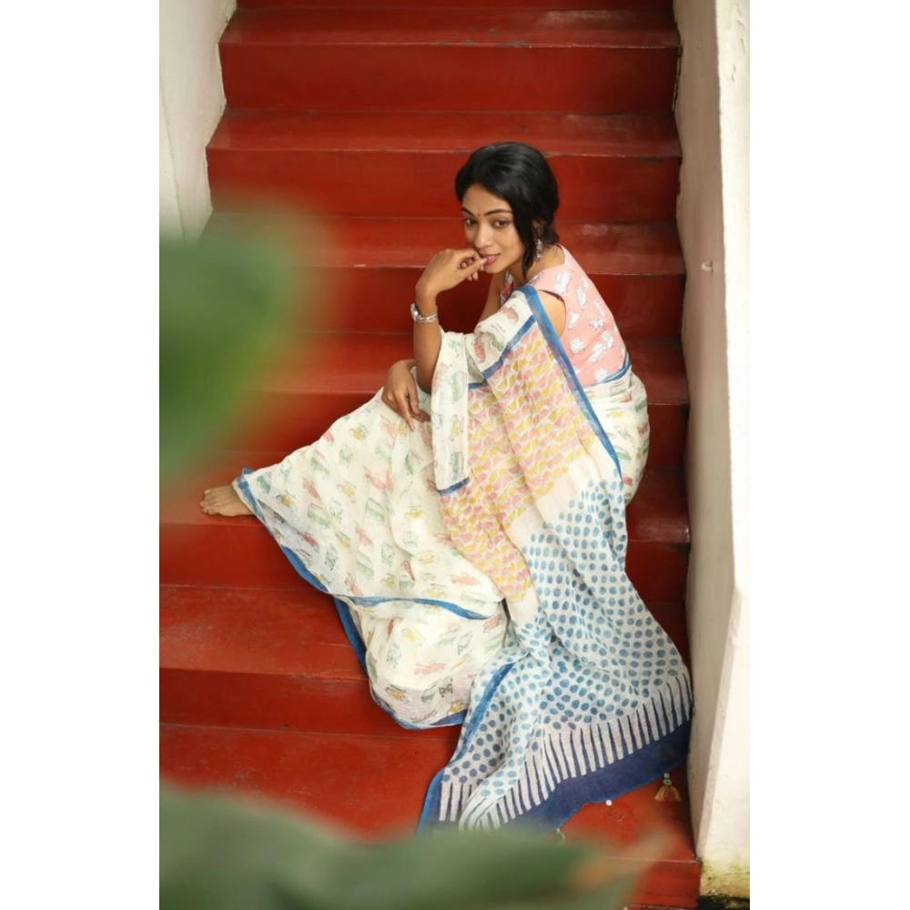 Women's Linen Printed Saree With Unstitched Blouse 5.5Mtr (White) - Image 3