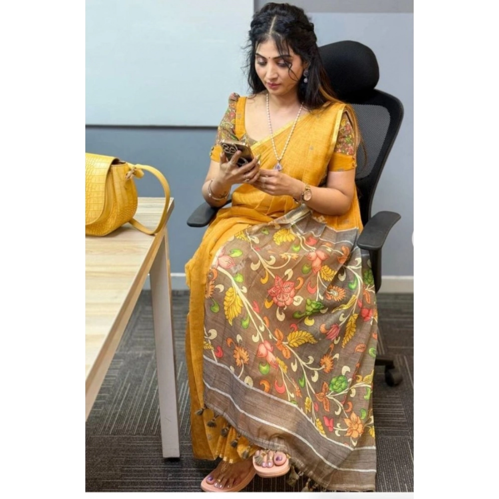Women's Linen Printed Saree With Unstitched Blouse 5.5Mtr (Mustard) - Image 2
