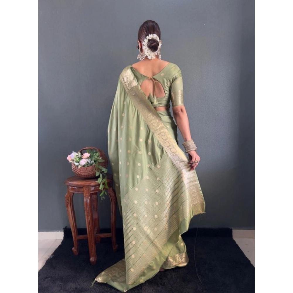 Women's Satin Printed Saree With Unstitched Blouse 5.5Mtr (Green) - Image 2