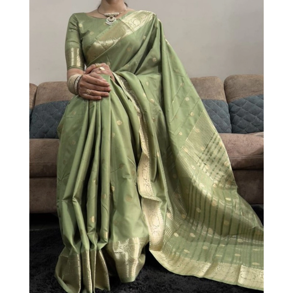 Women's Satin Printed Saree With Unstitched Blouse 5.5Mtr (Green) - Image 3