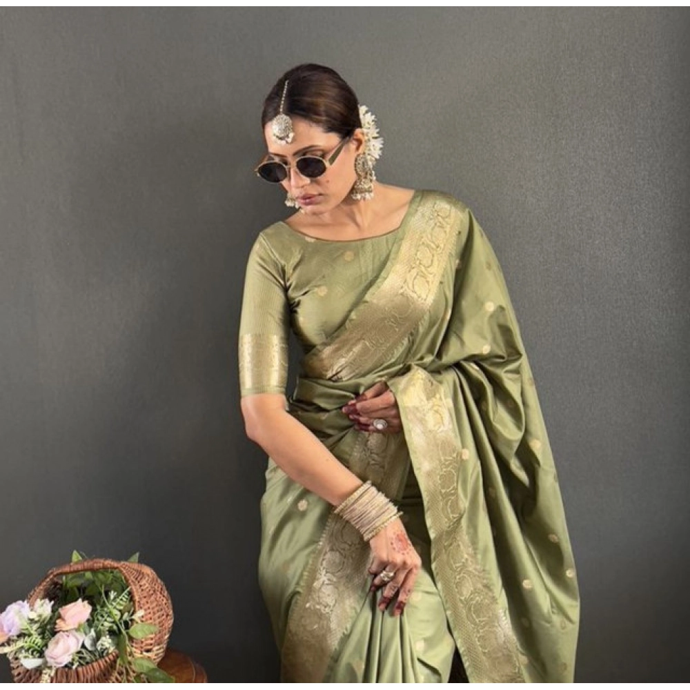 Women's Satin Printed Saree With Unstitched Blouse 5.5Mtr (Green) - Image 5