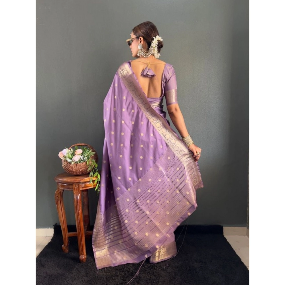 Women's Satin Printed Saree With Unstitched Blouse 5.5Mtr (Purple) - Image 2