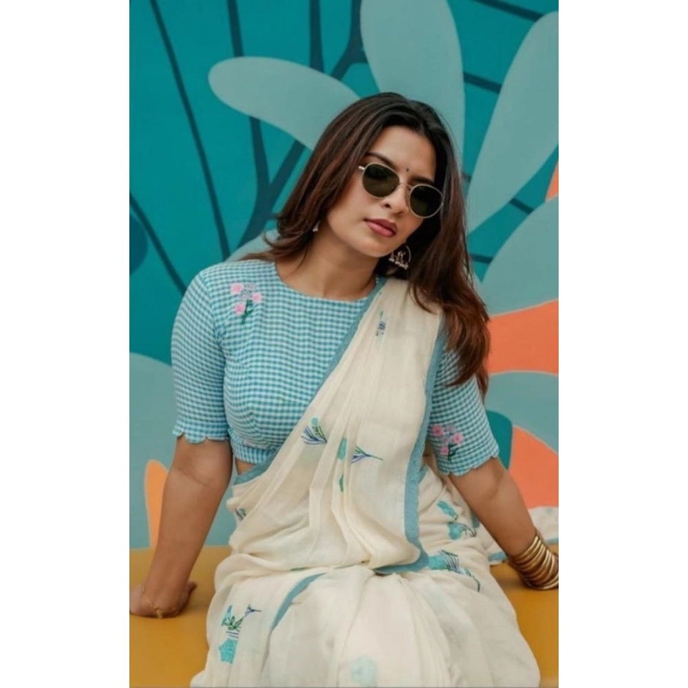 Women's Linen Printed Saree With Unstitched Blouse 5.5Mtr (White) - Image 4