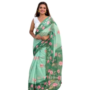 Women's Linen Printed Saree With Unstitched Blouse 5.5Mtr (Green)