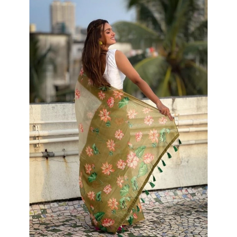 Women's Linen Printed Saree With Unstitched Blouse 5.5Mtr (Mahendi) - Image 2