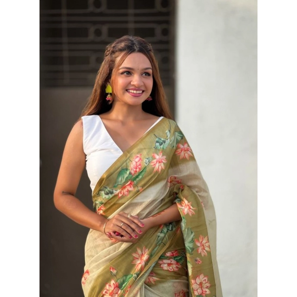 Women's Linen Printed Saree With Unstitched Blouse 5.5Mtr (Mahendi) - Image 4