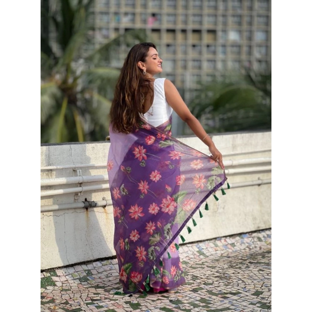 Women's Linen Printed Saree With Unstitched Blouse 5.5Mtr (Purple) - Image 2