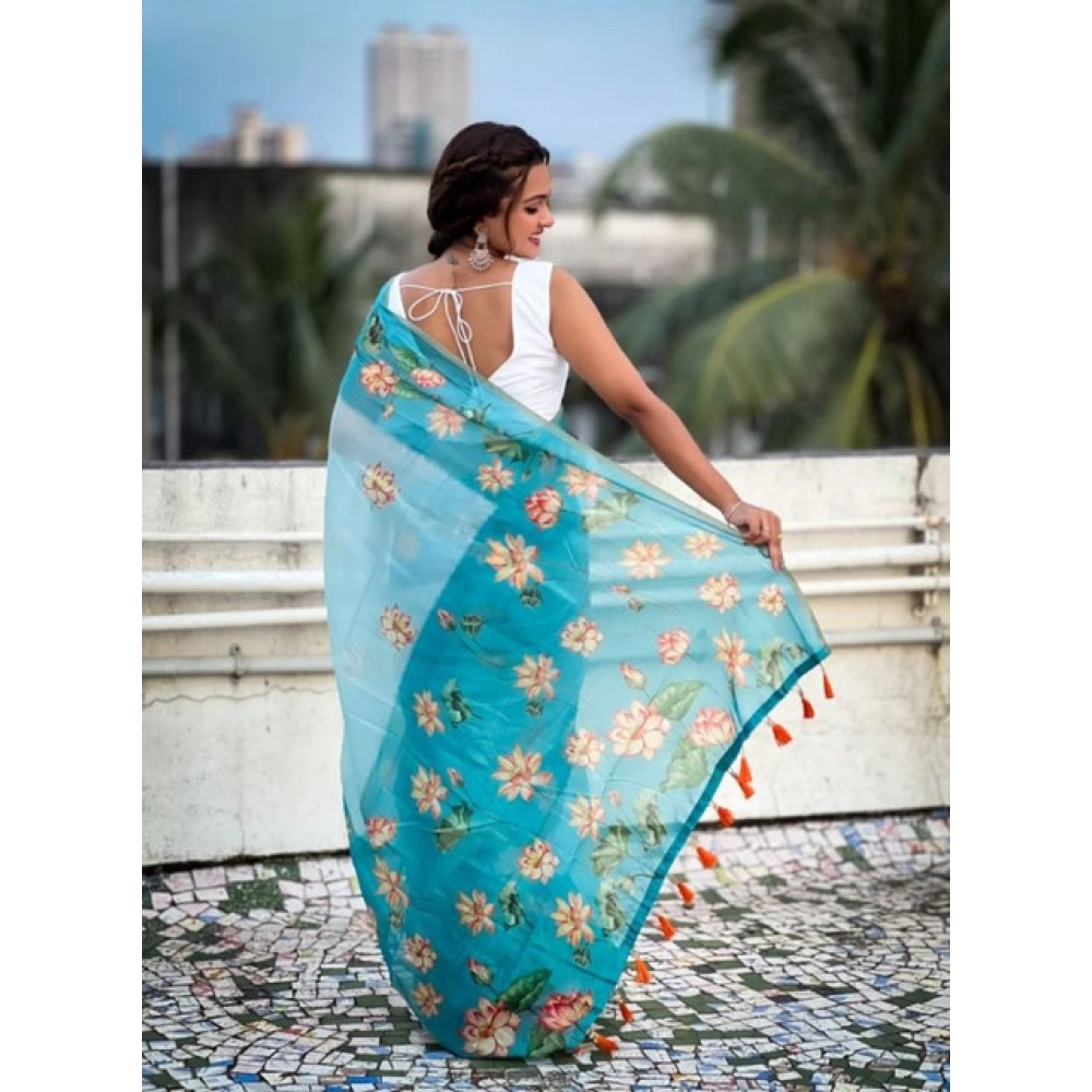 Women's Linen Printed Saree With Unstitched Blouse 5.5Mtr (Aqua) - Image 2