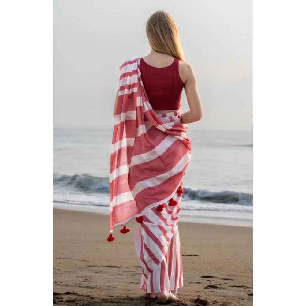 Women's Linen Printed Saree With Unstitched Blouse 5.5Mtr (Red) - Image 2