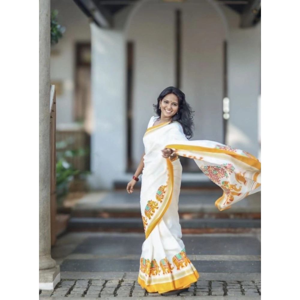 Women's Linen Printed Saree With Unstitched Blouse 5.5Mtr (White) - Image 2
