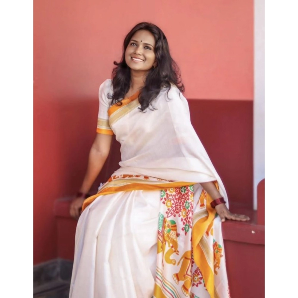 Women's Linen Printed Saree With Unstitched Blouse 5.5Mtr (White) - Image 3
