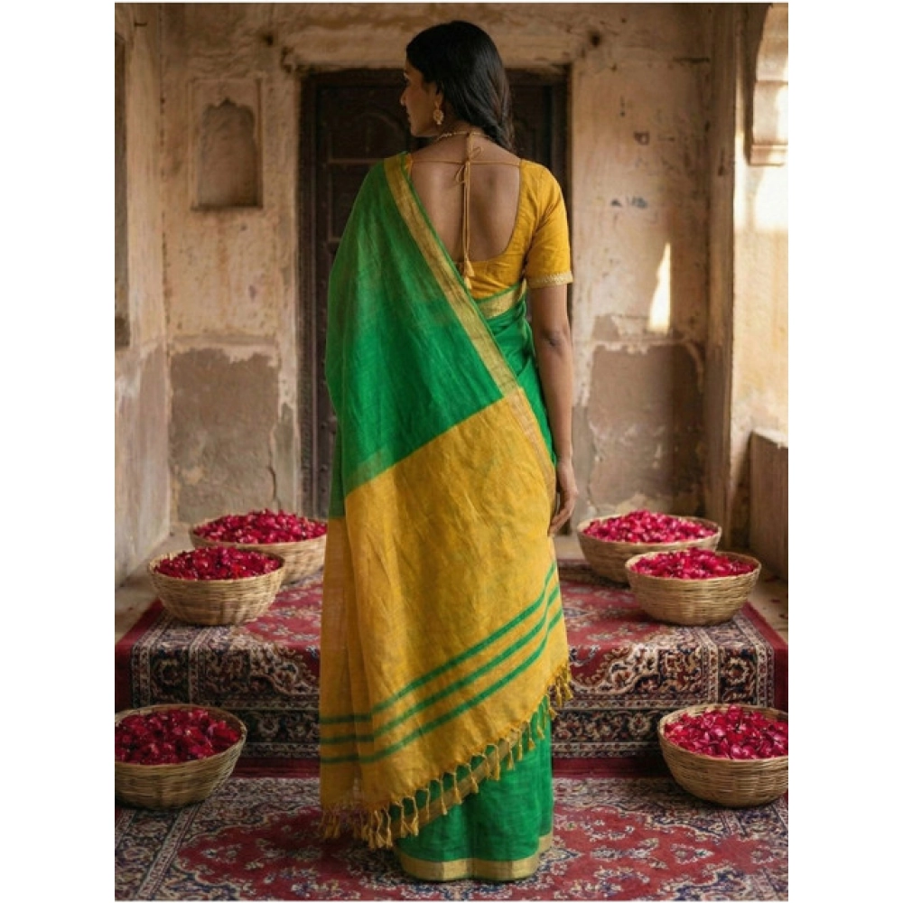 Women's Cotton Printed Saree With Unstitched Blouse 5.5Mtr (Green) - Image 2