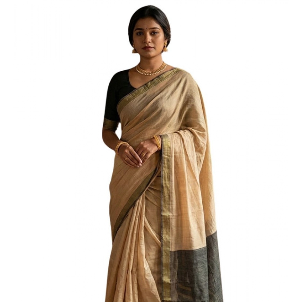 Women's Cotton Printed Saree With Unstitched Blouse 5.5Mtr (Beige)