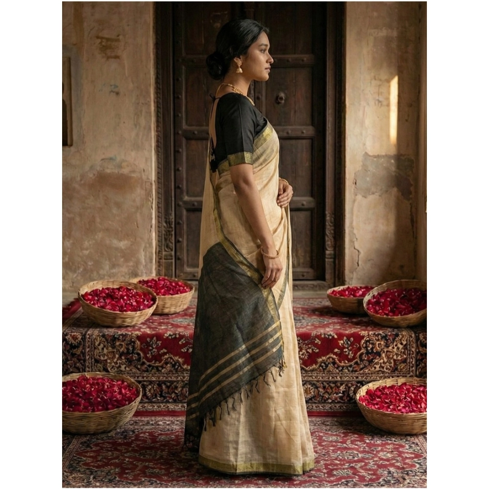 Women's Cotton Printed Saree With Unstitched Blouse 5.5Mtr (Beige) - Image 3