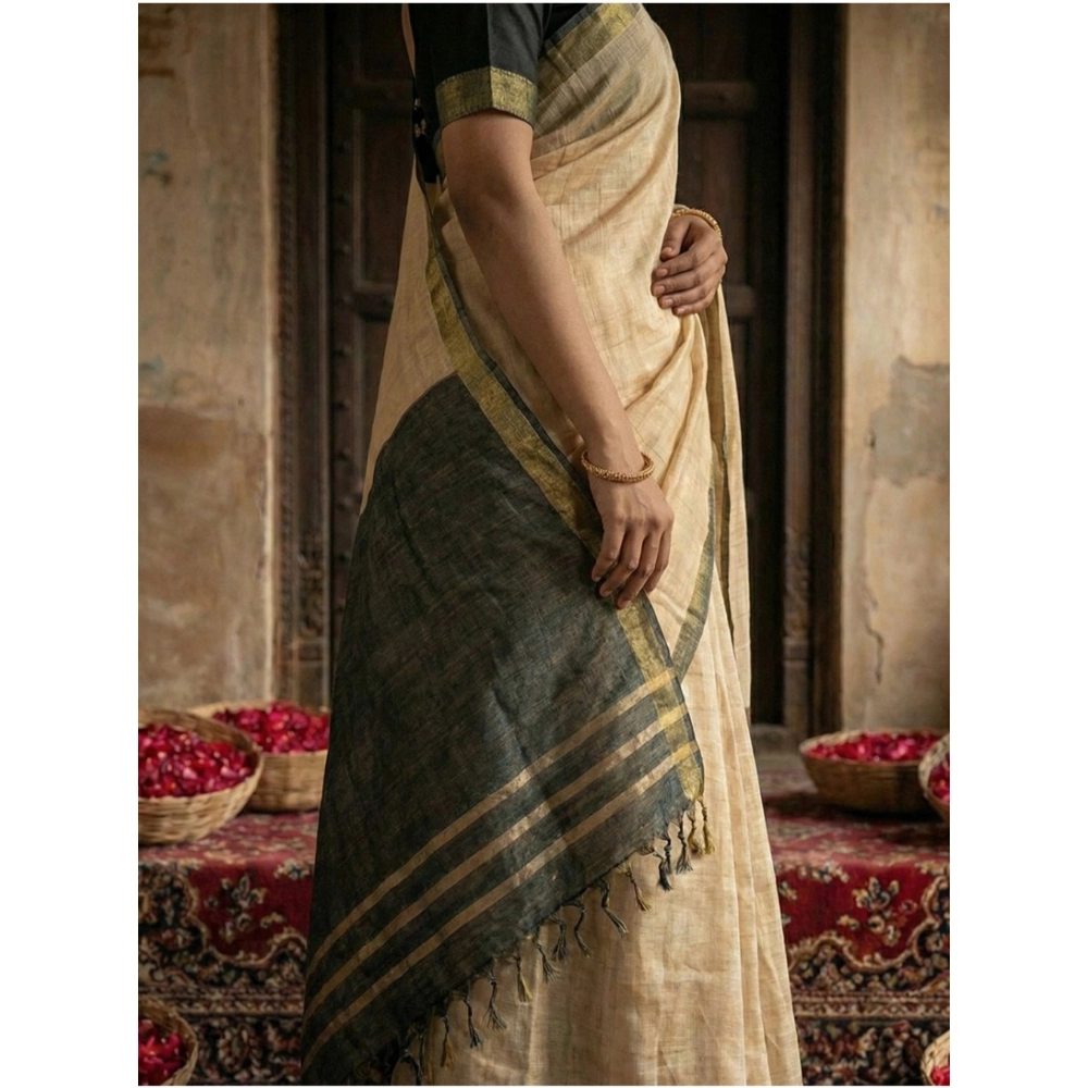 Women's Cotton Printed Saree With Unstitched Blouse 5.5Mtr (Beige) - Image 4
