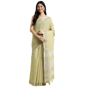 Women's Linen Cotton Printed Saree With Unstitched Blouse 5.5Mtr (Olive Green)