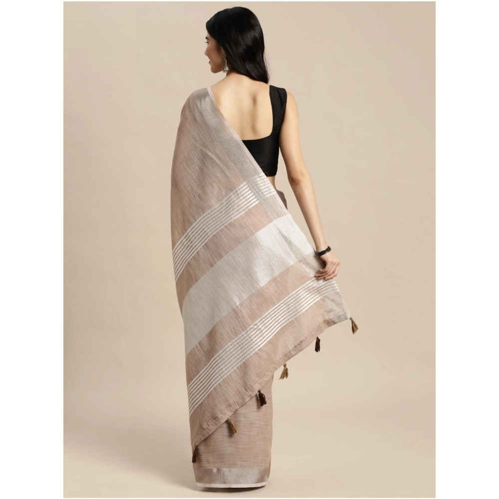Women's Linen Cotton Printed Saree With Unstitched Blouse 5.5Mtr (Beige) - Image 2