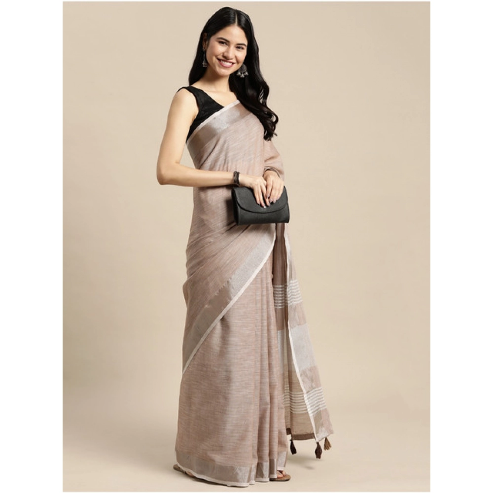 Women's Linen Cotton Printed Saree With Unstitched Blouse 5.5Mtr (Beige) - Image 4