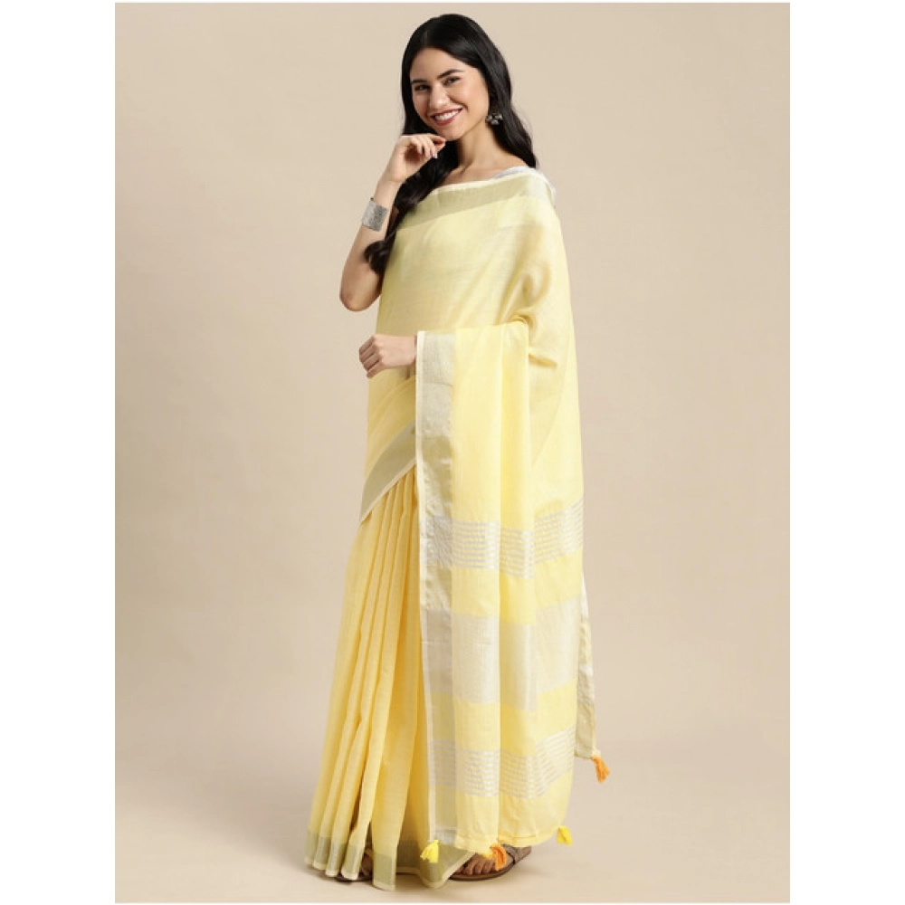 Women's Linen Cotton Printed Saree With Unstitched Blouse 5.5Mtr (Yellow) - Image 3