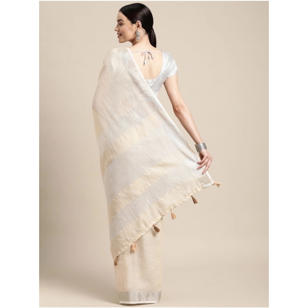Women's Linen Cotton Printed Saree With Unstitched Blouse 5.5Mtr (Cream) - Image 2
