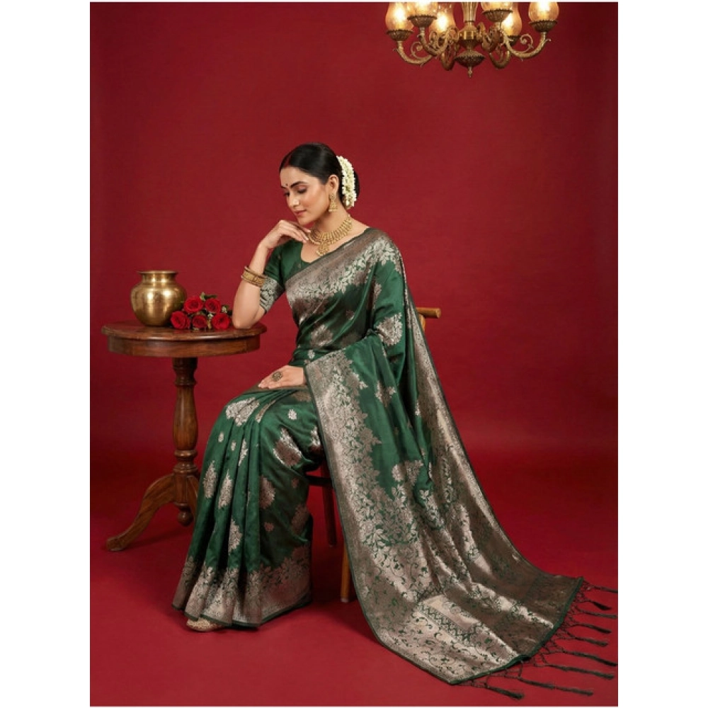 Women's Silk Blend Printed Saree With Unstitched Blouse 5.5Mtr (Dark Green) - Image 3