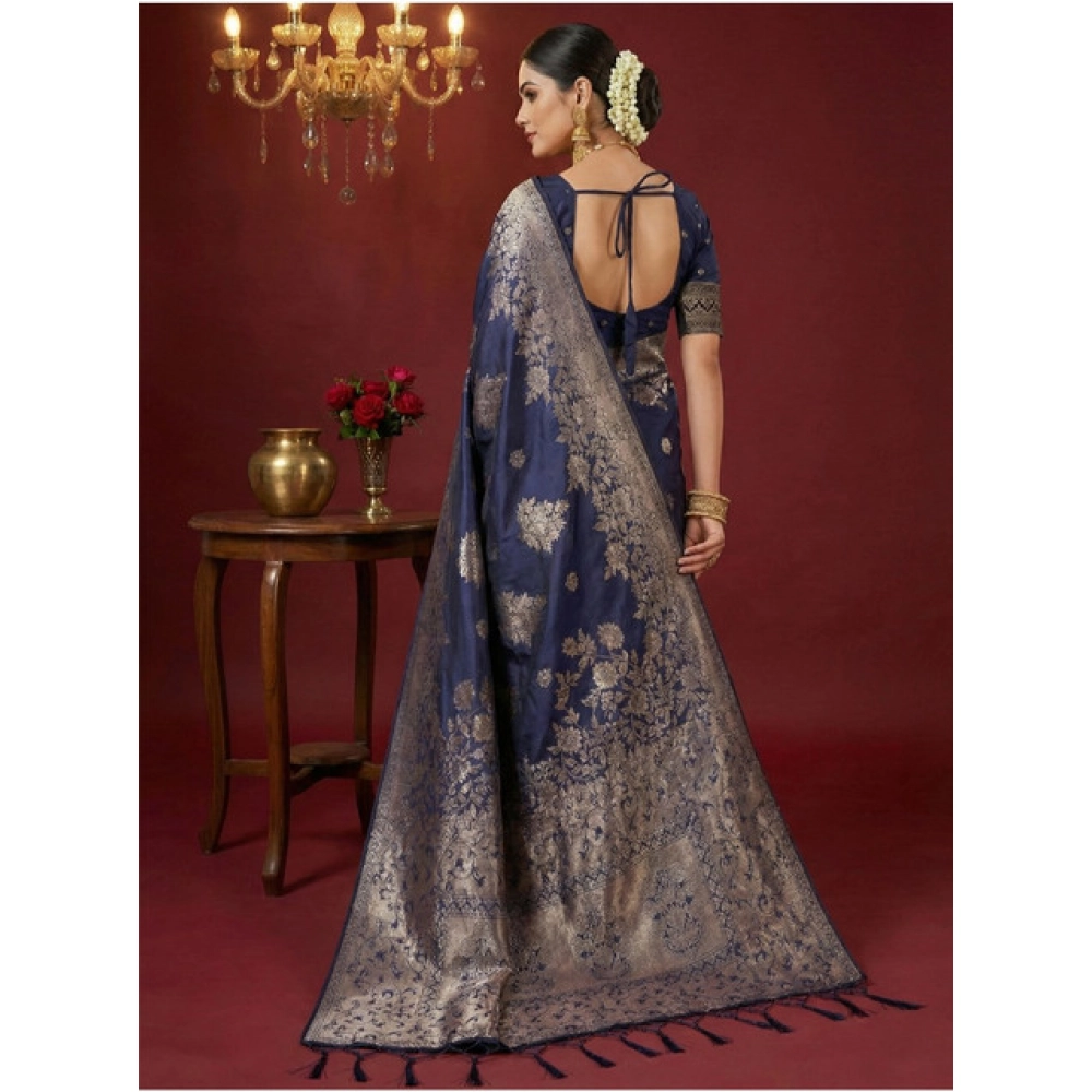 Women's Silk Blend Printed Saree With Unstitched Blouse 5.5Mtr (Navy Blue) - Image 2