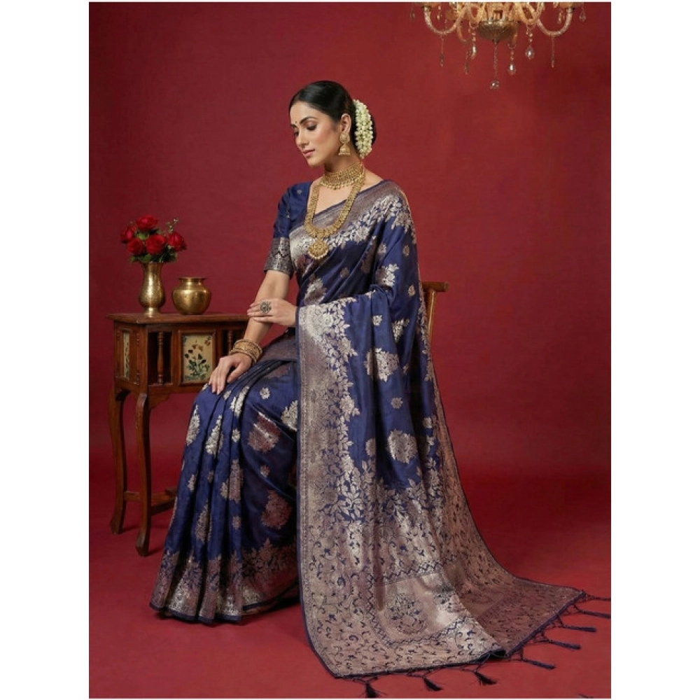 Women's Silk Blend Printed Saree With Unstitched Blouse 5.5Mtr (Navy Blue) - Image 3