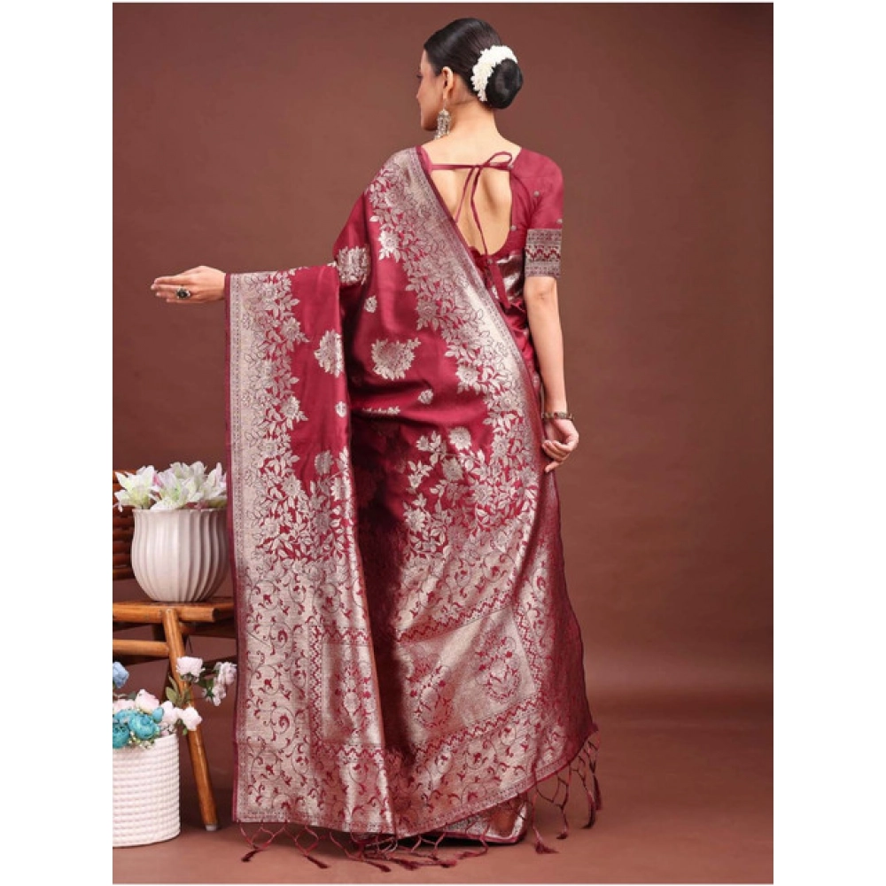 Women's Banarasi Silk Printed Saree With Unstitched Blouse 5.5Mtr (Maroon) - Image 2