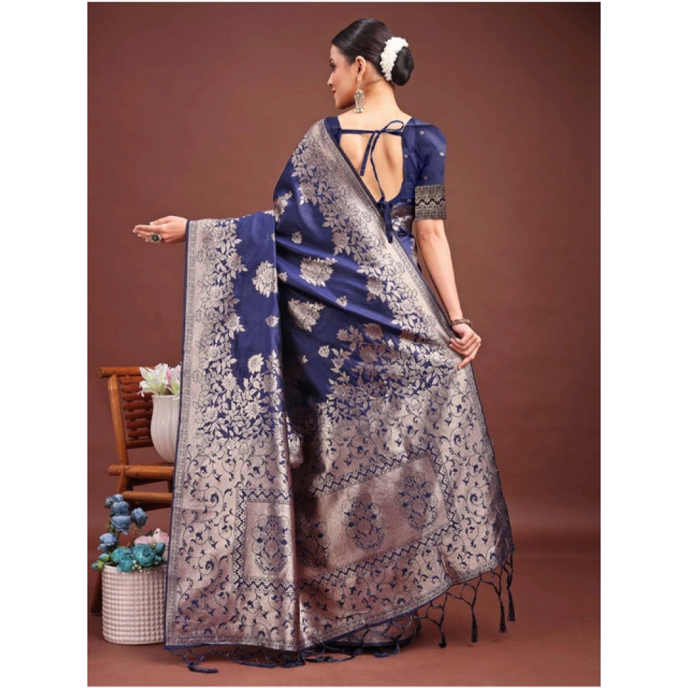 Women's Banarasi Silk Printed Saree With Unstitched Blouse 5.5Mtr (Navy Blue) - Image 2