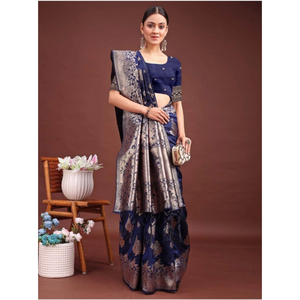 Women's Banarasi Silk Printed Saree With Unstitched Blouse 5.5Mtr (Navy Blue) - Image 3