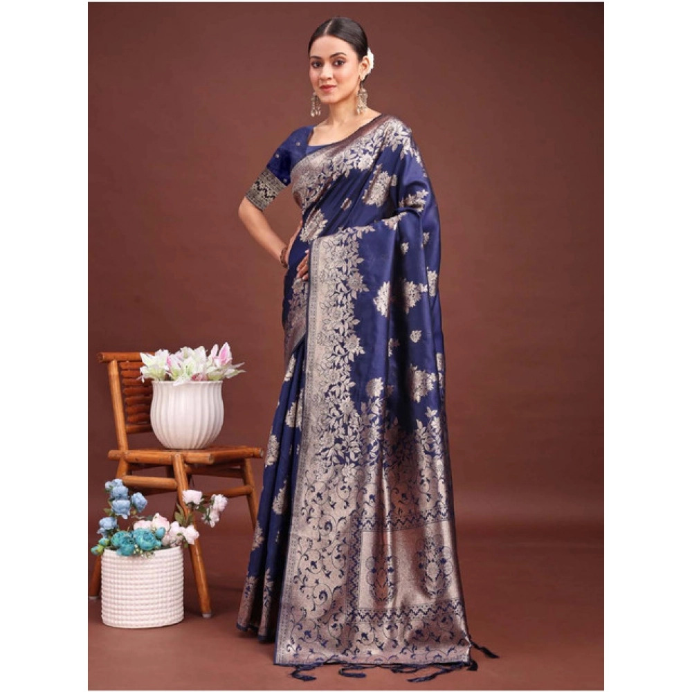 Women's Banarasi Silk Printed Saree With Unstitched Blouse 5.5Mtr (Navy Blue) - Image 4