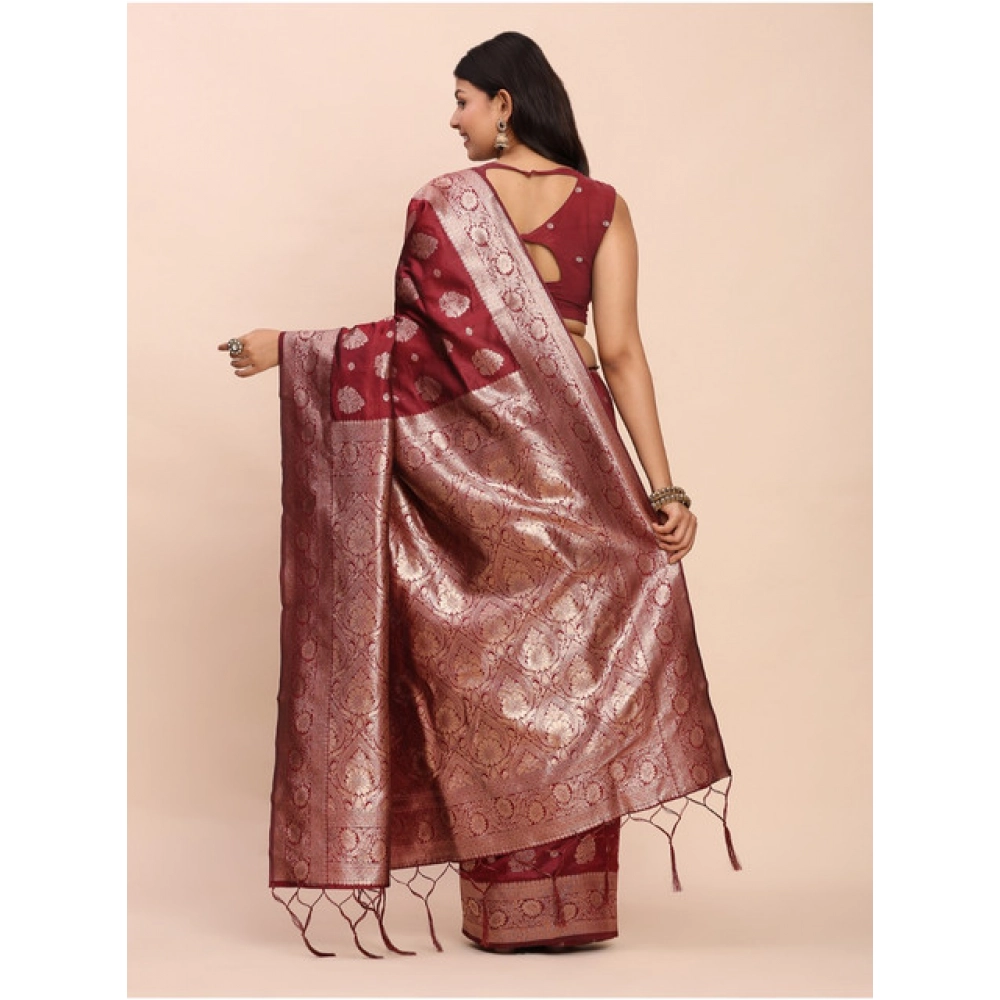 Women's Banarasi Silk Printed Saree With Unstitched Blouse 5.5Mtr (Maroon) - Image 2