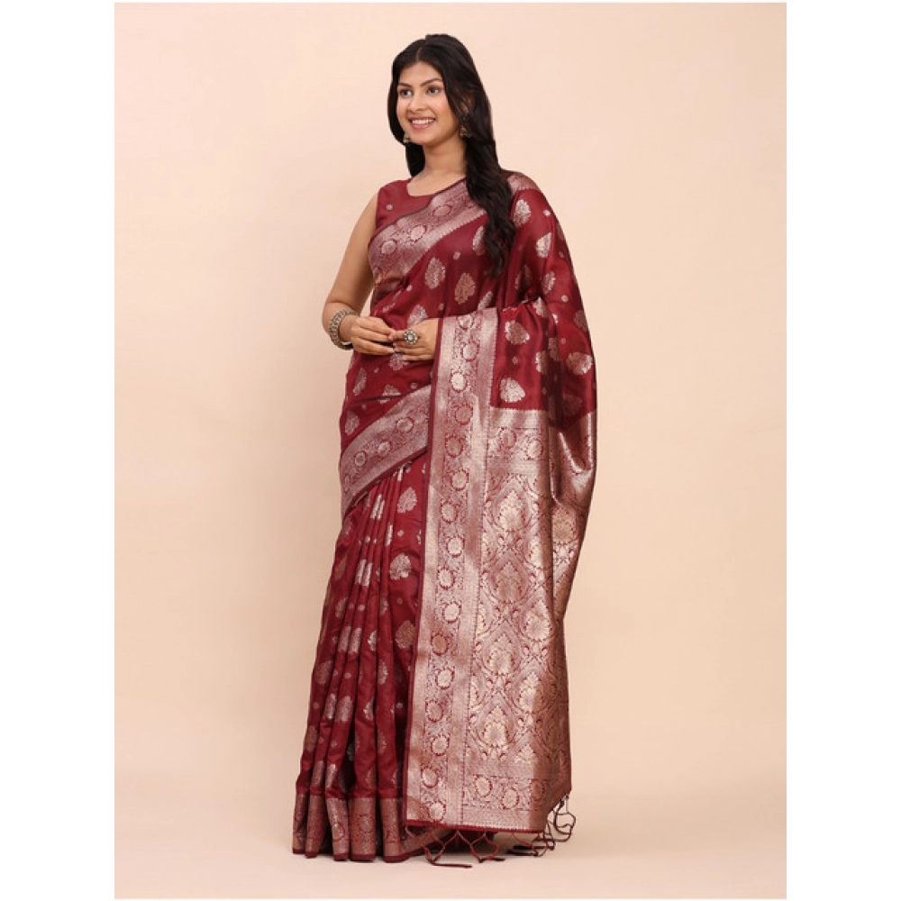 Women's Banarasi Silk Printed Saree With Unstitched Blouse 5.5Mtr (Maroon) - Image 3