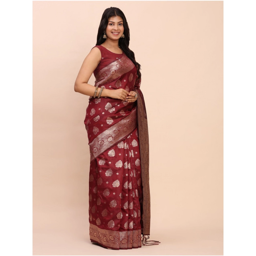 Women's Banarasi Silk Printed Saree With Unstitched Blouse 5.5Mtr (Maroon) - Image 4