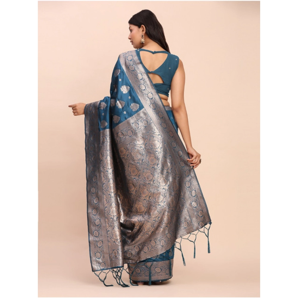 Women's Banarasi Silk Printed Saree With Unstitched Blouse 5.5Mtr (Teal Blue) - Image 2