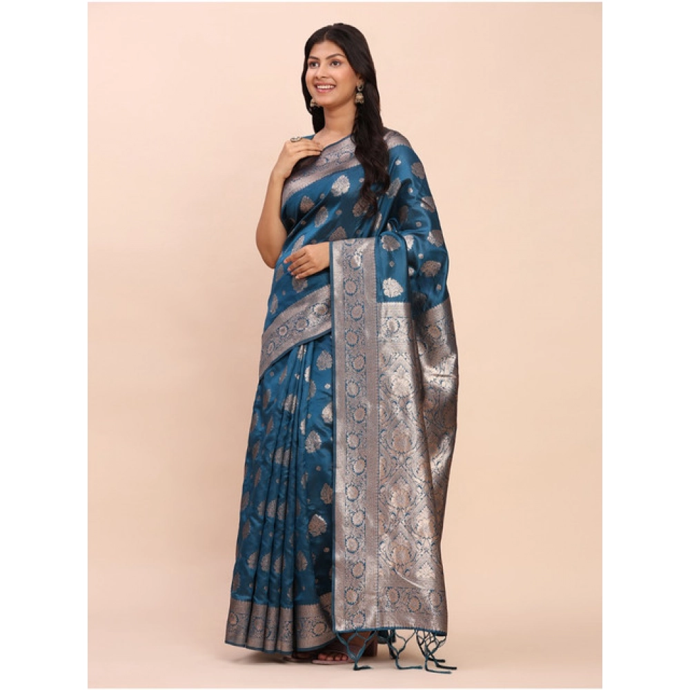 Women's Banarasi Silk Printed Saree With Unstitched Blouse 5.5Mtr (Teal Blue) - Image 3