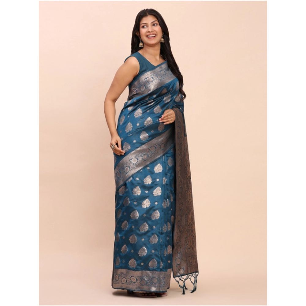 Women's Banarasi Silk Printed Saree With Unstitched Blouse 5.5Mtr (Teal Blue) - Image 4