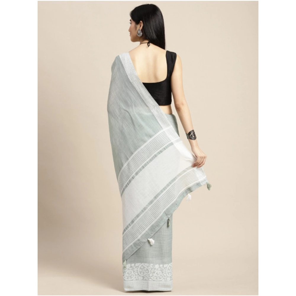 Women's Linen Printed Saree With Unstitched Blouse 5.5Mtr (Sea Green) - Image 2