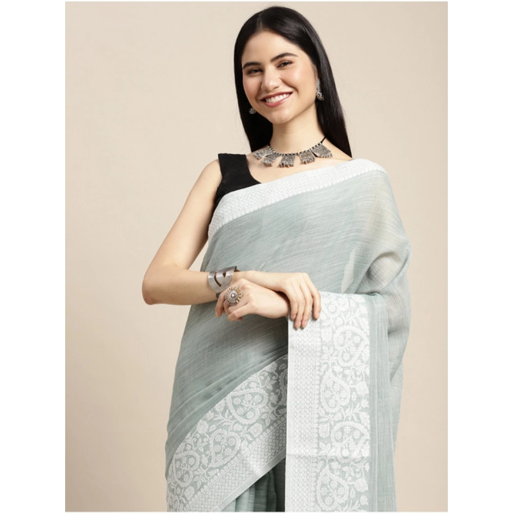 Women's Linen Printed Saree With Unstitched Blouse 5.5Mtr (Sea Green) - Image 4